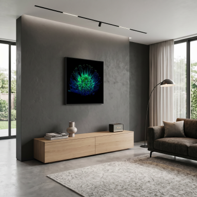 Moderne woonkamer met een groen-blauw kunstwerk aan de muur en een houten kast.